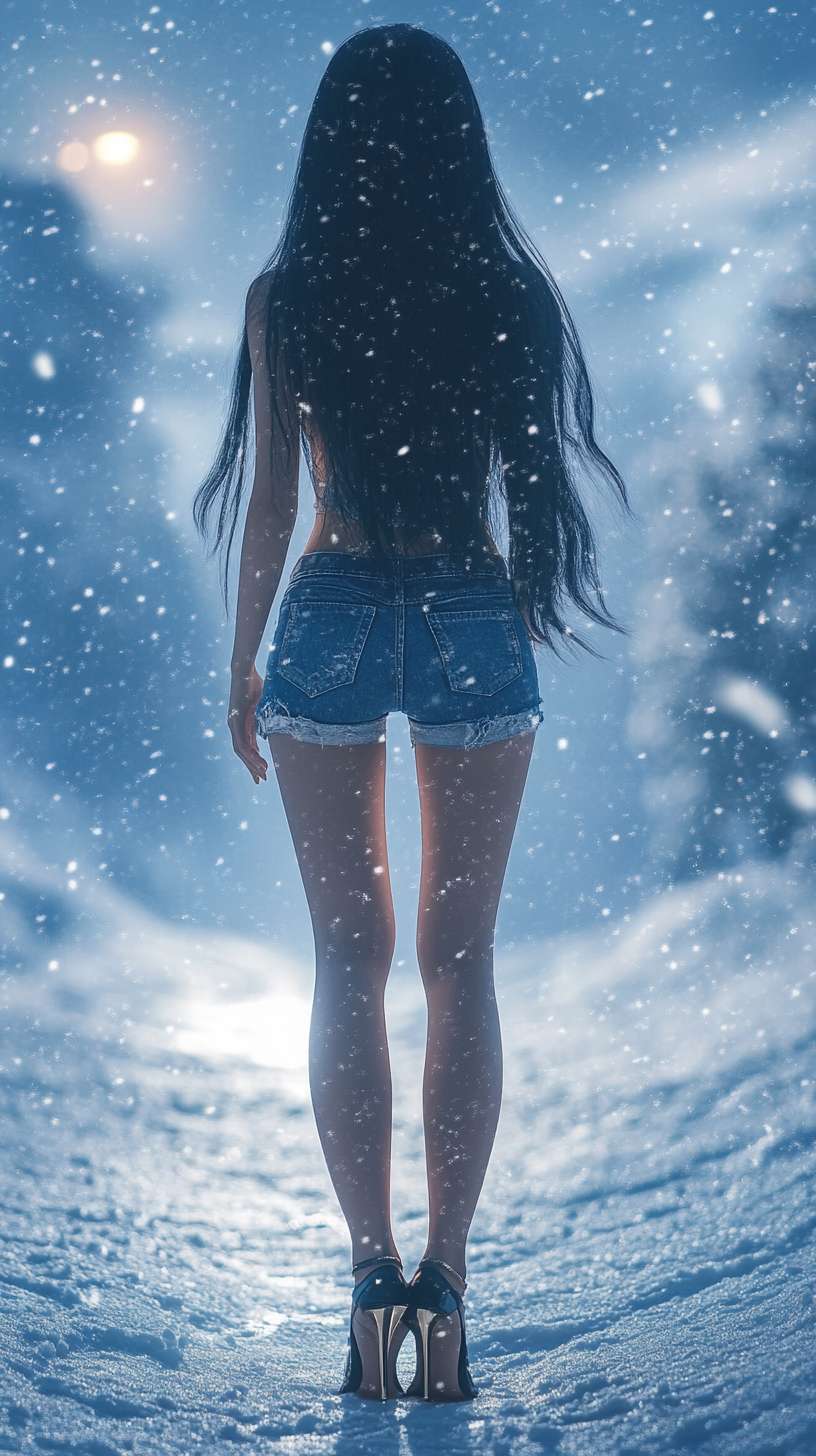 1个女孩，长发，黑发，牛仔短裤，长腿，高跟靴，冬天，雪，雪地，雪山，光线 --ar 9:16 --v 6.1 --stylize 100 --fast --no 水印,水印,水印,水印