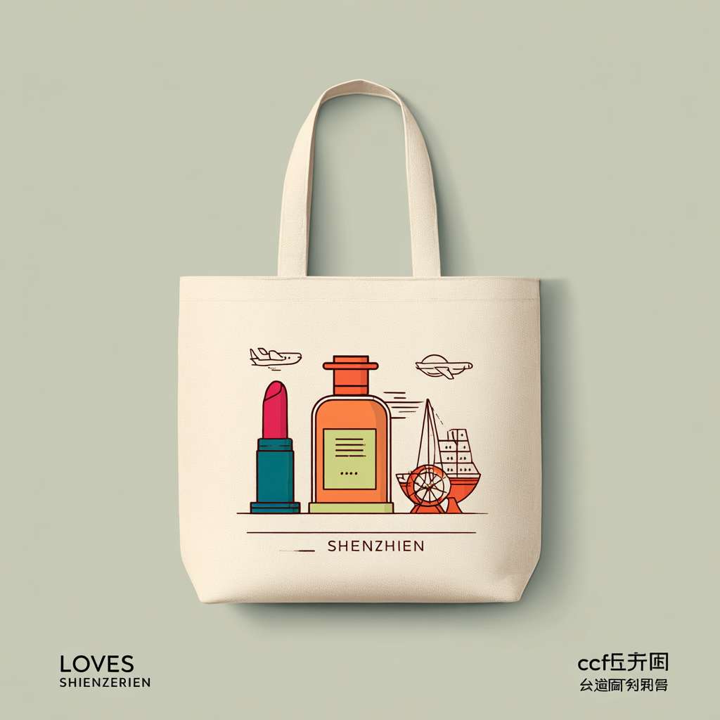 A graphic design layout for a tote bag, fdront and back view displayed flat. 
Front: A modern vector-style illustration group featuring 2 colorful cosmetics (lipstick, serum), 1 elegant liquor bottle, and 1 minimalist watch. Integrated with simple line icons of an airplane, a ship, and a ferris wheel. The text "LOVES SHENZHEN" is prominently placed in a modern sans-serif font. 
Back: Only the "cdf会员购" logo is positioned simply in the bottom right corner. 
The bag color is off-white (beige). The design should look clean, professional, and ready for print. --ar 1:1 --v 7 --stylize 100 --fast --no 水印