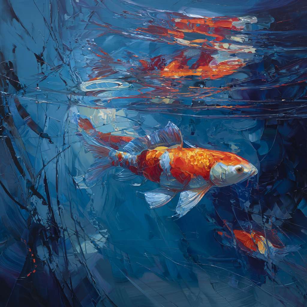 Surreal blue aquarium with dynamic koi and refracted light, bold strokes for waves, delicate strokes for scales, abstract energy. --ar 1:1 --v 7 --stylize 100 --fast