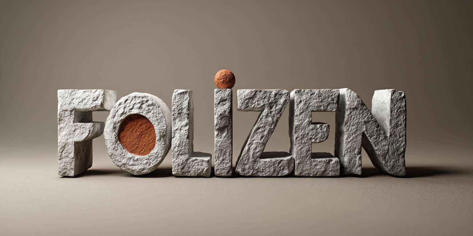 "FOLIZEN" chiseled stone texture font, matte finish with directional shadow, "I" dot replaced by terracotta clay dot (#D57A66), tagline embossed in 0.5pt depth below, warm gray (#EDECE8) background --ar 2:1 --v 7 --stylize 100 --fast --no colors except accent