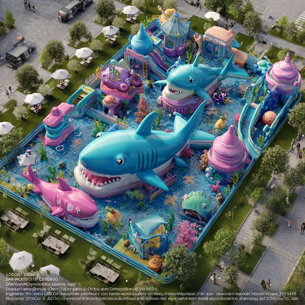 “Cartoon - style large inflatable playground, underwater shark theme. Aerial view, colorful sea - inspired colors (blue, turquoise, purple). Play structures shaped like sharks, sea creatures, coral reefs. Set in an outdoor grassy area (mock underwater scene with “sea - like” green lawn), surrounded by cartoon - simplified buildings. Leisure facilities (umbrellas, tables) match the theme. Bright, playful, high - detail cartoon rendering, family - friendly” --ar 1:1 --v 7 --stylize 100 --fast