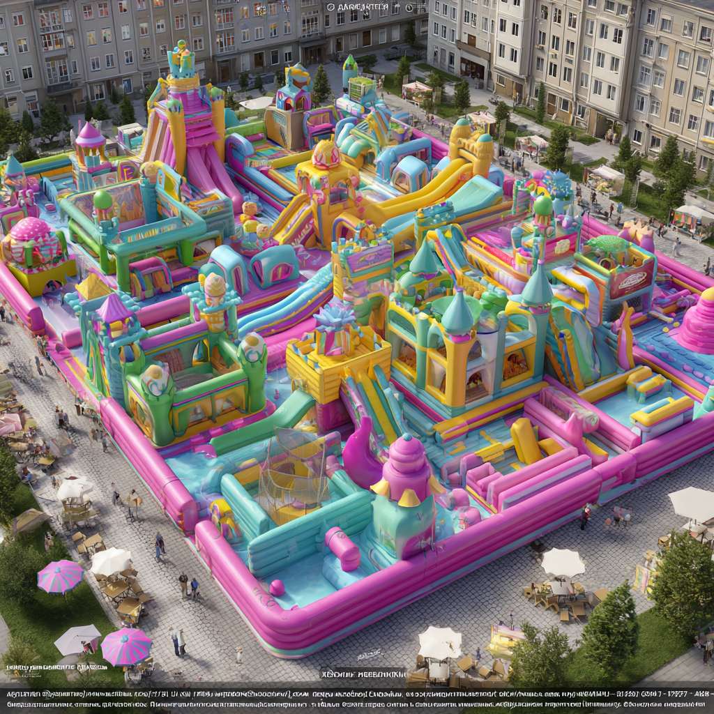 “Realistic 3D rendering of a large colorful inflatable playground, aerial view, vibrant color palette with pink, yellow, green, blue. Multi - themed play structures like slides, climbing areas, castle shapes. Set on outdoor grassy ground, surrounded by buildings, with small human figures and leisure areas (umbrellas, tables) for scale. Family - friendly, high detail, bright daylight” --ar 1:1 --v 7 --stylize 100 --fast