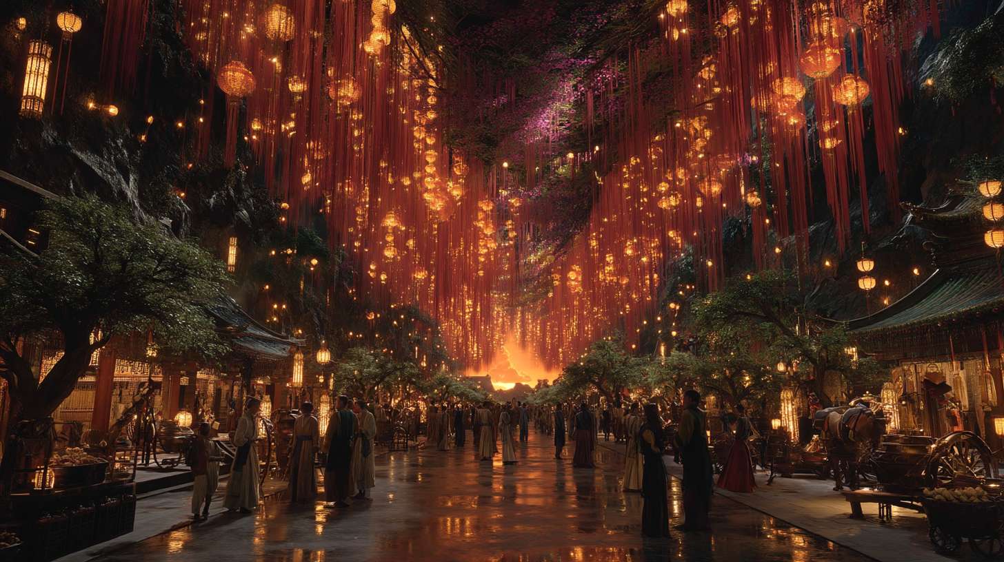 Unreal Engine 5 rendering, in this awe-inspiring panorama of the Great Tang Dynasty's golden age, the composition centers on the bustling Vermilion Bird Street of ancient Chang'an city, where streams of horses and carriages flow endlessly, with tang citizens and foreign merchants jostling in vibrant crowds, camel caravans laden with goods moving slowly through the scene, flanked by vermilion wooden structures with fluttering wine banners and shop signs creating dynamic patterns, lanterns hanging high under the eaves, at dusk, the sky is painted with warm golden sunset clouds, blending brilliantly with the red walls and green tiles of the architecture, the color palette dominated by rich gold and vermilion hues, accentuated by jade green and sapphire blue from merchant silks, while lanterns emit warm yellow glows, making the entire scene resplendent and dazzling, the lighting effects show remarkable depth, the sunset's afterglow drapes buildings in golden veils, lantern light spots dance on the bluestone pavement, camels and pedestrians cast elongated silhouettes, warm candlelight shines through shop windows, merging with the twilight clouds into a flowing radiance, the whole street is filled with lively atmosphere, camel bells echoing and human voices buzzing, perfectly recreating the cosmopolitan splendor of the Tang Dynasty that attracted myriad nations. --ar 16:9 --v 7 --c 20 --quality 4 --stylize 100 --fast