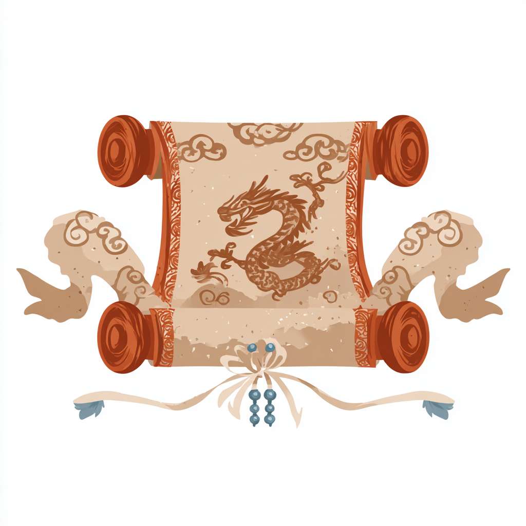 ash,zzzs,A scroll icon. Chinese style,the scroll is in an unfolded state,with a scroll head on each end. The scroll features patterned lines,cloud patterns,and a brown silhouette of a dragon. The shaft heads at both ends of the scroll are brownish red,and a white ribbon is tied below the scroll. The end of the ribbon is decorated with blue gemstones and white fluff,giving it a classical Eastern charm. The scroll floats,soft and dynamic, --ar 1:1 --v 7 --stylize 100 --fast