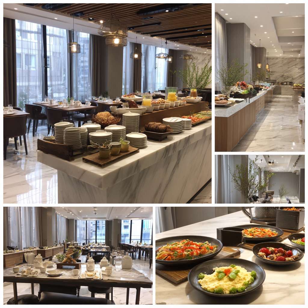 帮我做五张汉庭真实酒店餐厅早餐宣传实拍照片 --ar 1:1 --v 7 --stylize 100 --fast --no 水印