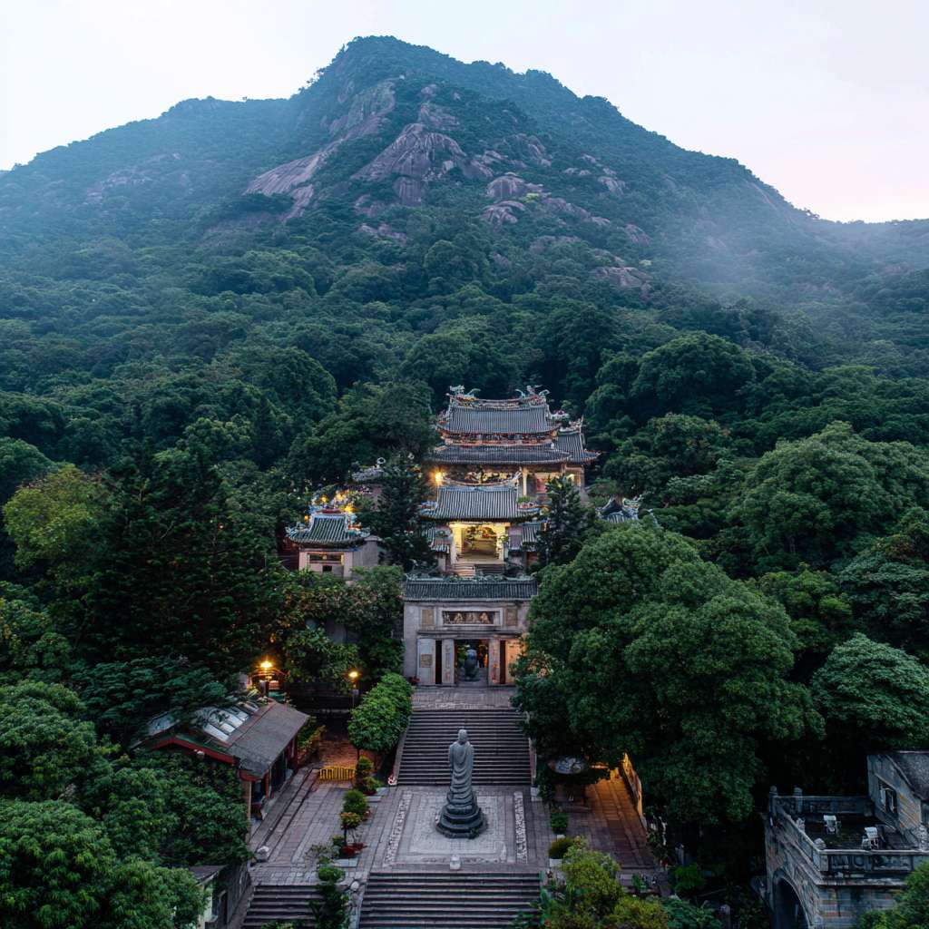 爬山朝拜图，周围苍翠的山林，庙宇屋顶隐约其中，夹道有禅意雕塑，路面上有佛教咒语标识，庙宇隐约其中，厦门古厝屋顶露出一点点，增加朝拜上山路上的仪式感 --ar 1:1 --v 7 --stylize 100 --fast --no 水印