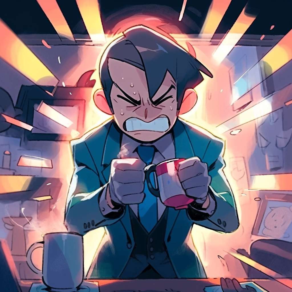 An angry office worker in a gray suit, fists clenched, steam coming out of nostrils, staring at a broken coffee cup on a messy desk, neon lights flickering in the background, dramatic lighting, --ar 1:1 --style cute --stylize 600 --fast --niji 5