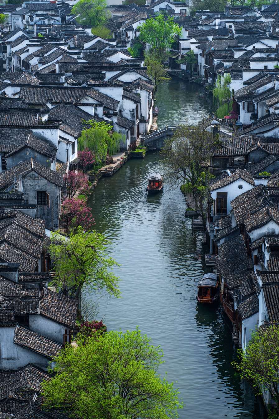 江南水乡、王肇民睡彩画风格、留白70%，小桥流水，俯视构图， --ar 2:3 --v 7 --stylize 100 --fast --no 水印