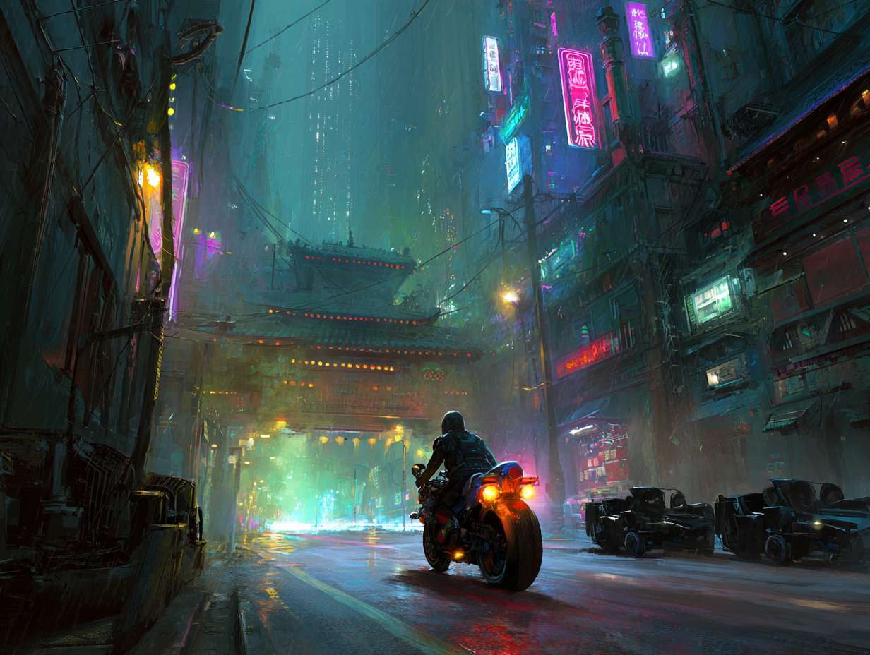 《哪吒重生》赛博朋克风，科幻炫酷的街道，全景，主人公驾驶摩托车在街道行驶在雨夜的城市，霓虹灯光在湿漉漉的街道上折射出扭曲的倒影。李云祥骑着他改装的霓虹摩托在狭窄的巷道中疾驰，身后跟着几辆黑色轿车。建筑风格融合了东方传统寺庙和未来科技元素，街道两旁有许多管道和机械装置。 --ar 4:3 --v 7 --stylize 100 --fast --no 水印