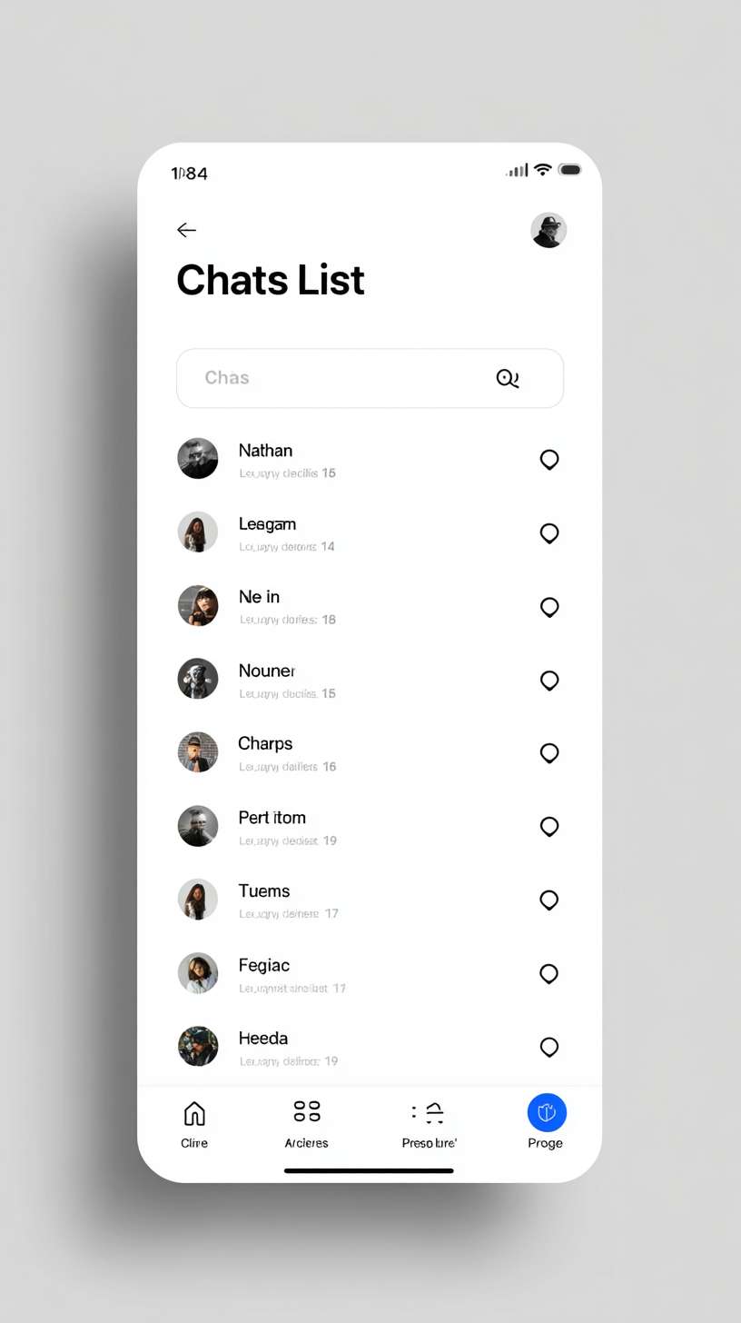 2. Chat List Homepage
The main chat list screen with a minimalist design. It features a white top navigation bar (56dp high) with a left-aligned app icon, a centered bold black "Chats" title (18sp), and a right-aligned "+" button (24dp) for starting new conversations. The main content area has a light gray background (#F5F5F5) and presents a vertically scrollable list of chat items. Each chat item (72dp high, white background) includes a left-aligned circular avatar (48dp), a primary line for the contact's nickname (16sp, black), and a secondary line for the latest message (14sp, gray, with a single-line ellipsis). Unread message indicators (red badges) are present where applicable. A search bar is fixed at the top of the list. The bottom tab bar is white, with three tabs: "Chats" (active, blue icon), "Friends" (inactive, gray icon), and "Profile" (inactive, gray icon). The primary color is #2196F3. --ar 9:16 --v 7 --stylize 100 --fast