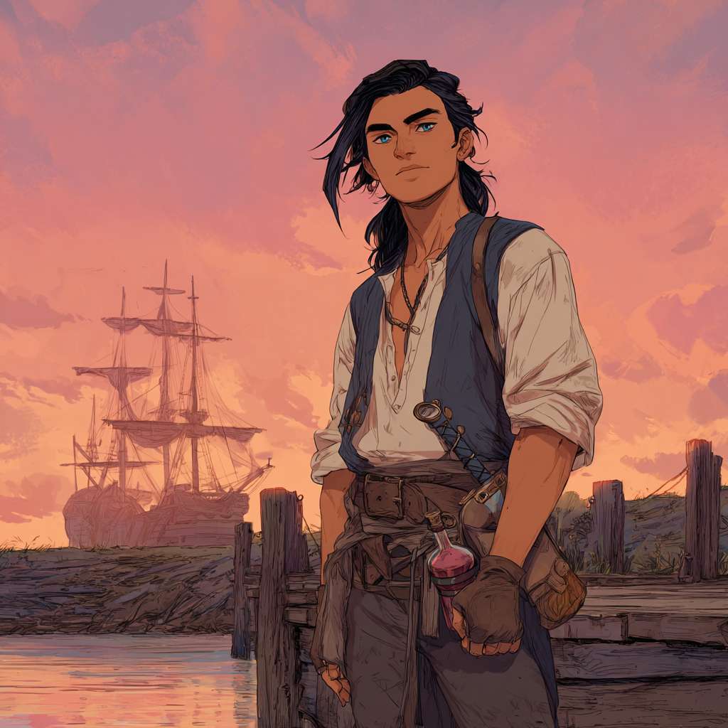 A young half-elven sailor named Baya standing on a wooden dock at sunset, slightly pointed ears, deep-blue eyes, shoulder-length black hair with sun-bleached brown tips, bronzed skin, lean muscular build. He wears a worn white linen shirt with sleeves rolled up, a patched dark-blue vest, gray roughcloth pants tucked into brown leather boots. On his waist, a dark leather belt holds a small red potion bottle and a rustic brown flask. A short sword in a simple wooden scabbard hangs at his side. His expression is a mix of guarded suspicion and hidden longing. Behind him, a silhouette of a sailing ship under a pink-orange sky. --ar 1:1 --v 7 --stylize 100 --fast