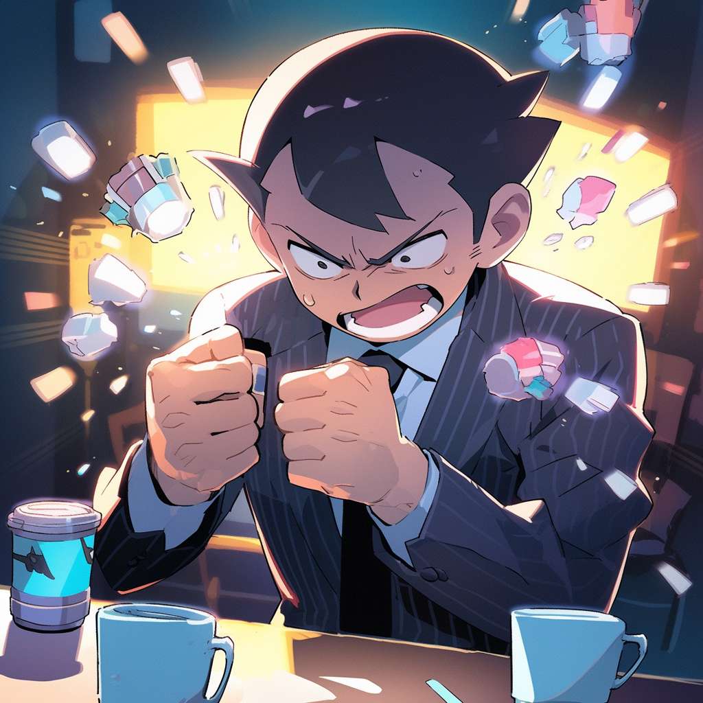 An angry office worker in a gray suit, fists clenched, steam coming out of nostrils, staring at a broken coffee cup on a messy desk, neon lights flickering in the background, dramatic lighting, --ar 1:1 --style cute --stylize 600 --fast --niji 5