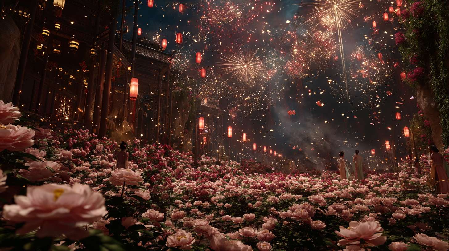 Unreal Engine 5 rendering, in this awe-inspiring scene of the ancient Luoyang Flower Festival, the composition centers on a vast sea of blooming peonies, surrounded by ancient-style pavilions, buildings, and winding corridors adorned with countless red lanterns, while the night sky is continuously lit up by colorful fireworks, the foreground features a celebrating crowd dressed in elegant Hanfu singing and dancing, the middle ground includes traditional Chinese architecture such as eaves-cornered pavilions, and the background blends deep blue starry skies with brilliant fireworks, in terms of color, vibrant reds, golds, and greens dominate, symbolizing luck and wealth, with the pink and white of the flowers sharply contrasting with the warm yellow of the lanterns, and the multicolored lights of the fireworks adding dynamic color variations, the lighting effects are exquisitely detailed, the soft glow from the lanterns casts warm shadows on people's faces and the ground, while the explosive flashes of fireworks create dazzling halos, contrasting with the cool moonlight to enhance the image's depth and dynamism, the entire scene is bustling and lively, with lanterns swaying gloriously, fireworks sparkling brilliantly, and the crowd cheering incessantly, as if transporting the viewer into a dreamlike ancient prosperous era filled with the charm of Chinese elements. --ar 16:9 --v 7 --c 20 --quality 4 --stylize 100 --fast