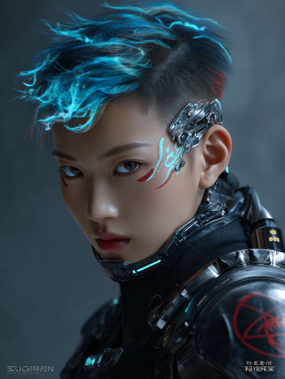 绘制一个男生要求如下头部设计：保留哪吒标志性的 “火焰感” 发型，黑色短发中挑染三缕明亮的蓝色火焰发丝，额前发丝微微上翘，模拟火焰飘动形态。左侧太阳穴处有一道银色机械接口，平时隐藏在发丝下，战斗时会弹出蓝色能量纹路，延伸至下颌。面部妆容简洁，仅在眼尾处用红色颜料绘制细小火焰图腾，眼神锐利，瞳孔在情绪激动时会泛出淡蓝色微光。
    上身设计：内搭黑色紧身速干衣，衣料上印有暗纹火焰图案。外覆银色分段式机械战甲，肩部装甲呈三角形，边缘有锯齿状设计（兼具防御与近战功能），装甲表面刻有红色古代符文（对应哪吒的 “混天绫” 元素。胸口是圆形能量核心，外层包裹透明合金罩，内部蓝色火焰状能量随呼吸起伏，核心下方印有 “云祥” 二字。双臂为可变形机械臂，，战斗时展开为银色机械结构，手掌心有凹槽，可凝聚火焰能量。
    下身设计：穿着黑色工装裤，裤腿侧边有拉链口袋，膝盖处装有黑色防撞护膝，护膝表面有蓝色电路纹路。腰部系着宽版黑色皮带，左侧挂着父亲遗留的摩托钥匙（金属材质，钥匙链是小型火焰吊坠），右侧挂着战术匕首（刀柄缠绕红色皮质绳，模拟混天绫质感）。脚部为黑色高帮机械战靴，靴底有防滑纹路，鞋跟处装有小型推进装置，靴筒外侧印有蓝色火焰标识。 --ar 3:4 --v 7 --stylize 100 --fast --no 水印