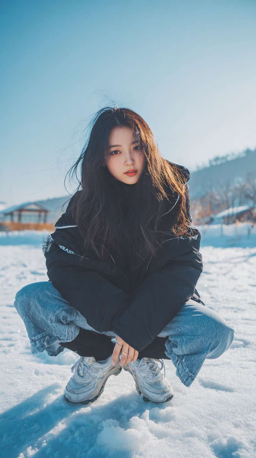 1个女孩，长发，黑发，短牛仔裤，长腿，高跟鞋，冬天，雪，雪地，雪山，光线 --ar 9:16 --v 7 --stylize 100 --fast --no 水印,水印