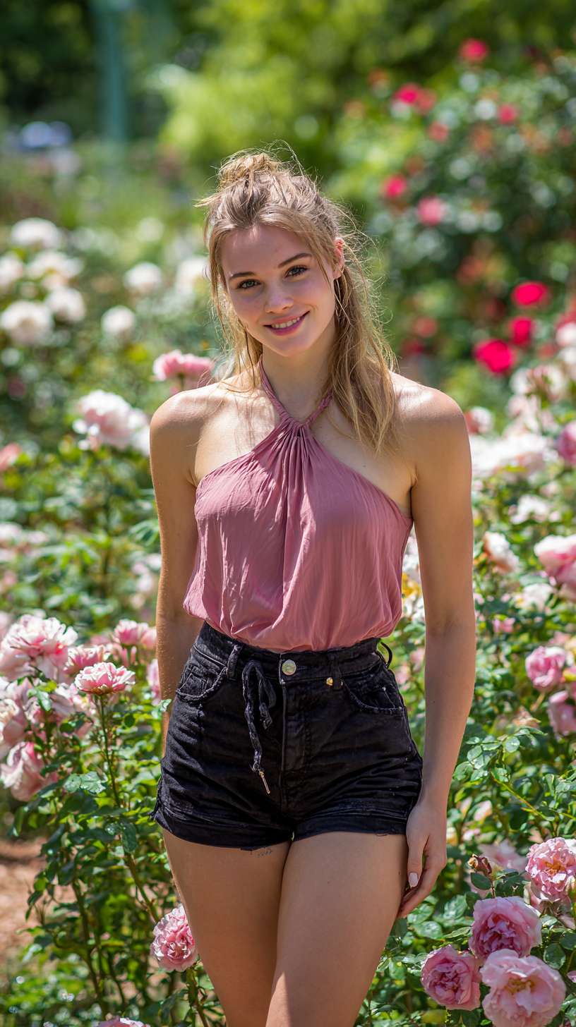 In photo style, the main subject is a fashionable beauty. She wears a loose pink halter - top and black slim - fit shorts, showing off her long legs and graceful curves. She is in a sunny outdoor garden filled with blooming flowers and fluttering butterflies. The beauty has a smiling face and bright eyes, with her hair casually scattered. The details of her clothes reveal the soft fabric texture. The composition centers on the figure, with the camera focused on the beauty's face. She faces the camera directly, presenting a fresh and natural scene. With a super - high - definition 300dpi resolution, similar to the effect of a Canon 5D Mark IV camera, it shows a vibrant and healthy beauty scene. --ar 9:16 --v 7 --stylize 100 --fast