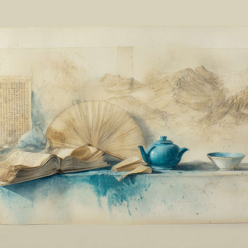 Horizontal layout, left side: faded ancient Chinese book pages, below it a teapot, Tai Chi fan, and blue-white porcelain bowl, soft beige and cyan colors, light ink-wash mountains at bottom, traditional Chinese style, 1200x600 pixels" --ar 1:1 --v 7 --stylize 100 --fast