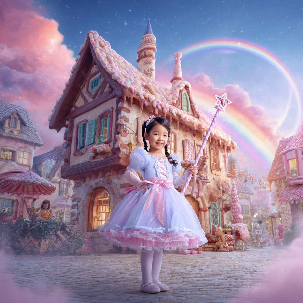一个中国小女孩穿着魔法公主裙，手持星星魔法棒，站在充满童话色彩的欧洲风格小镇广场，周围有旋转木马和喷水池，彩虹在天空绽放，柔光效果，宫崎骏动画风格，梦幻色彩。
童话风格的饼干屋，屋顶是巧克力，烟囱冒着棉花糖烟雾。 --ar 1:1 --v 7 --stylize 100 --fast --no 水印