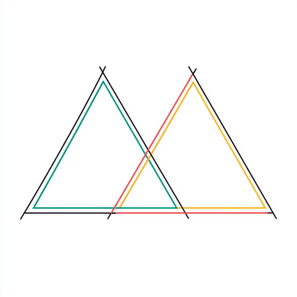 只需要简单的线段，两个独立等腰三角形两个角挨着，在下面，一个等腰三角形左边的角挨着下面左边的三角形的顶点，右边的角挨着下面右边的三角形的顶点在上面，组成一个新的等腰三角形 --ar 1:1 --v 7 --stylize 100 --fast --no 水印