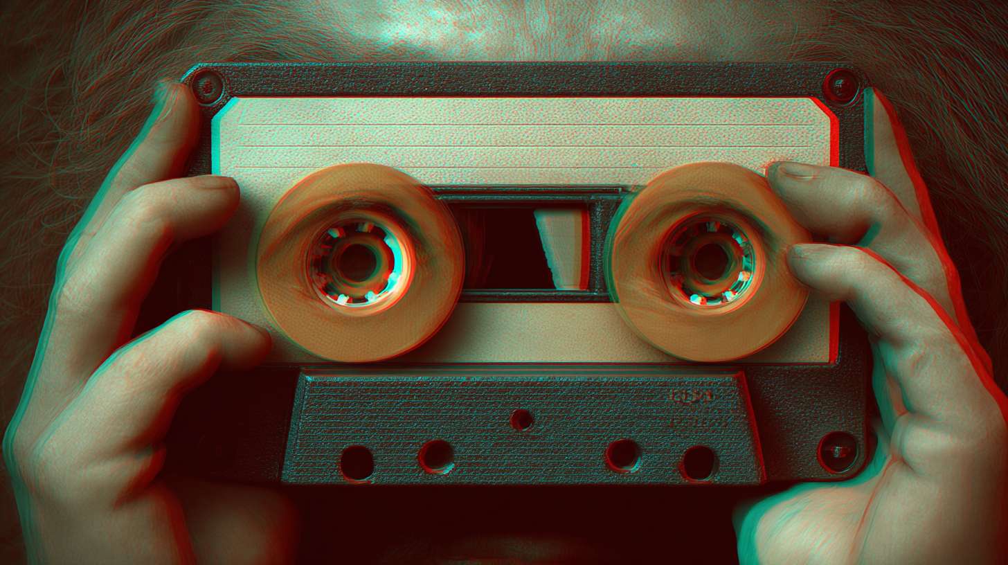 Dreamscapes, theme: Surrealist 3D stereoscopic effect, depicting a trembling hand pressing the play button of an old-fashioned cassette player, with two circular gears on the tape player and two brown eyes. Surrealist atmosphere: The connection between the eyes and hands is eerie and mysterious, as the Buddha like hand uncovers the truth about the eyes or performs a silent magic. The whole picture conveys an unknown atmosphere, emitting a surreal and charming beauty --ar 16:9 --v 7 --stylize 100 --fast