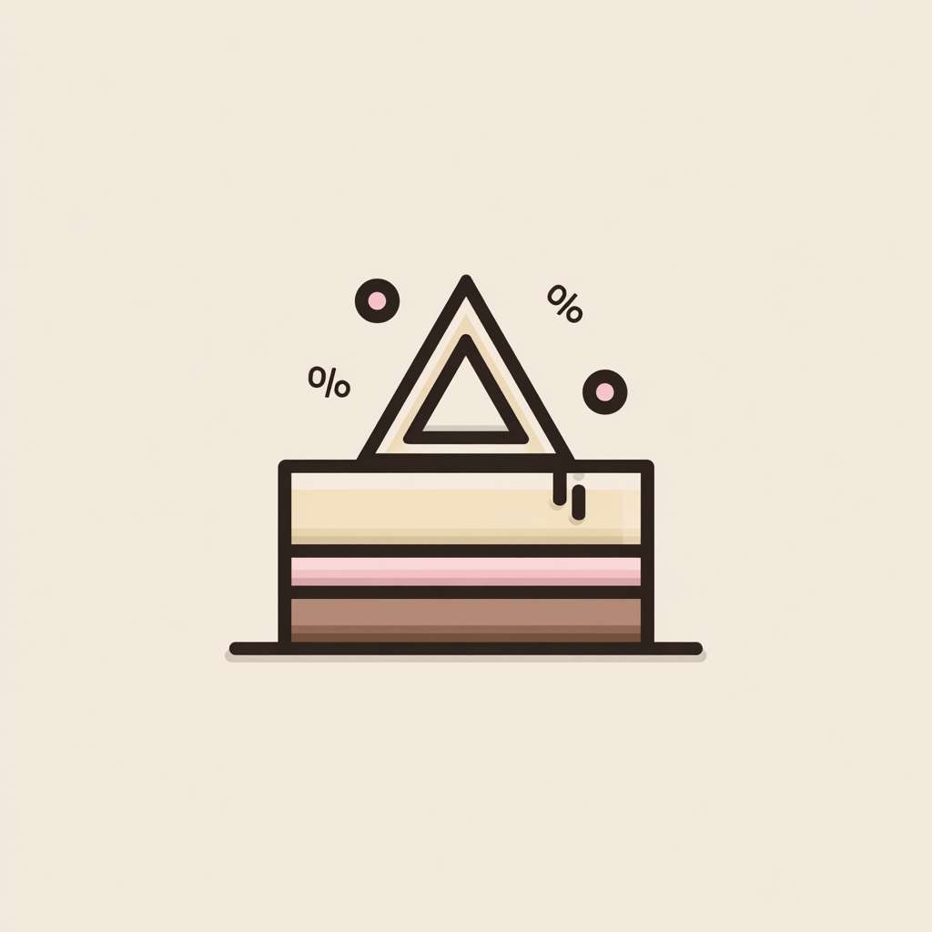 Modern flat vector logo of a simple cream cake with a line-art triangle on top. Surrounded by a few floating numbers (like 18, 100). Color palette: cream, dusty pink, dark brown, and light grey. Clean, isolated on white. --ar 1:1 --v 7 --stylize 100 --fast