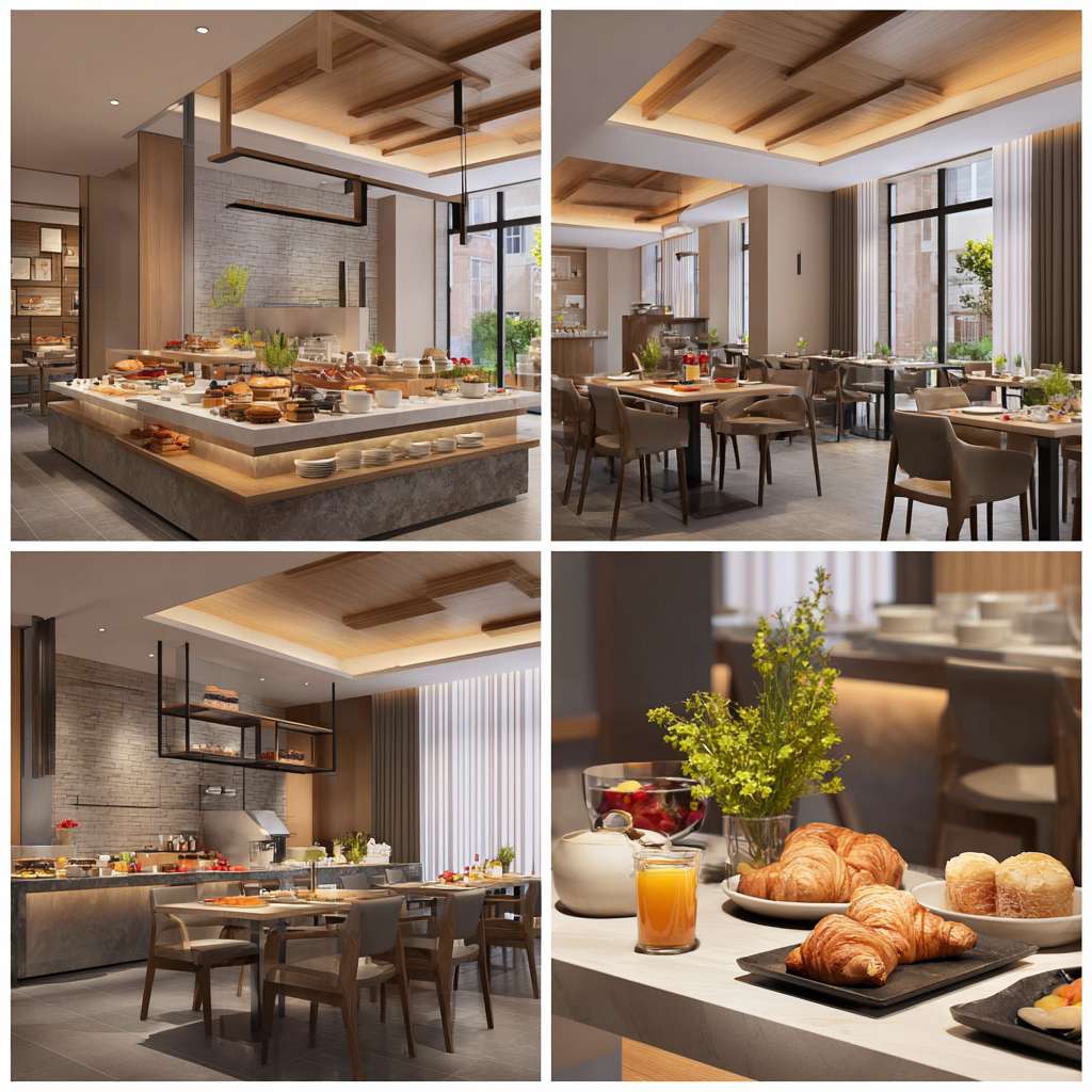帮我做五张华住会真实酒店餐厅早餐宣传实拍照片 --ar 1:1 --v 7 --stylize 100 --fast --no 水印