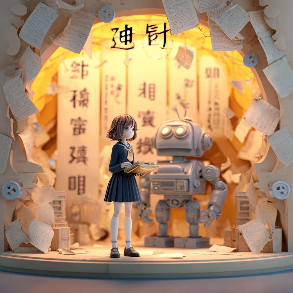 帮我画3d动画风格，场景是一个巨大的舞台，有一个现代的10岁左右穿蓝黑色学生制服裙白色长袖衬衫的小姑娘教机器人写毛笔字的图片。 --ar 1:1 --v 7 --stylize 100 --fast --no 水印