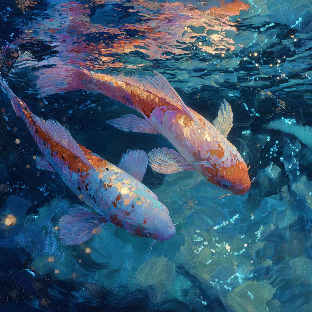 Surreal koi swimming in blue water with colorful light splashes, thick brushwork for water, thin strokes for iridescence, oil. --ar 1:1 --v 7 --stylize 100 --fast