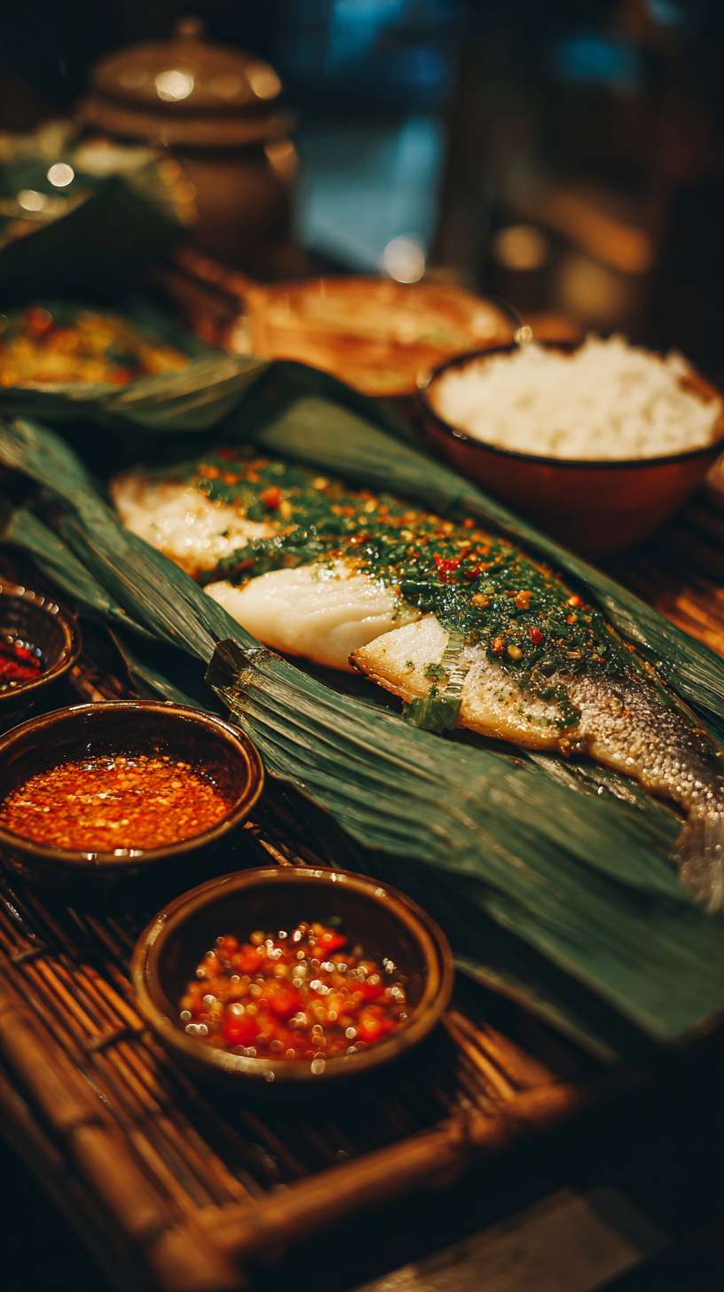 芭蕉叶烤鱼，打开热气腾腾的芭蕉叶，看见一条包裹着作料的鱼冒着热气，滋啦滋啦的声音下，看到若隐若现的雪白的鱼肉，看上去就非常有食欲，旁边还摆放着版纳特制口味的蘸料，隔着屏幕都溢出了鱼肉鲜甜 --ar 9:16 --v 7 --stylize 100 --fast --no 水印
