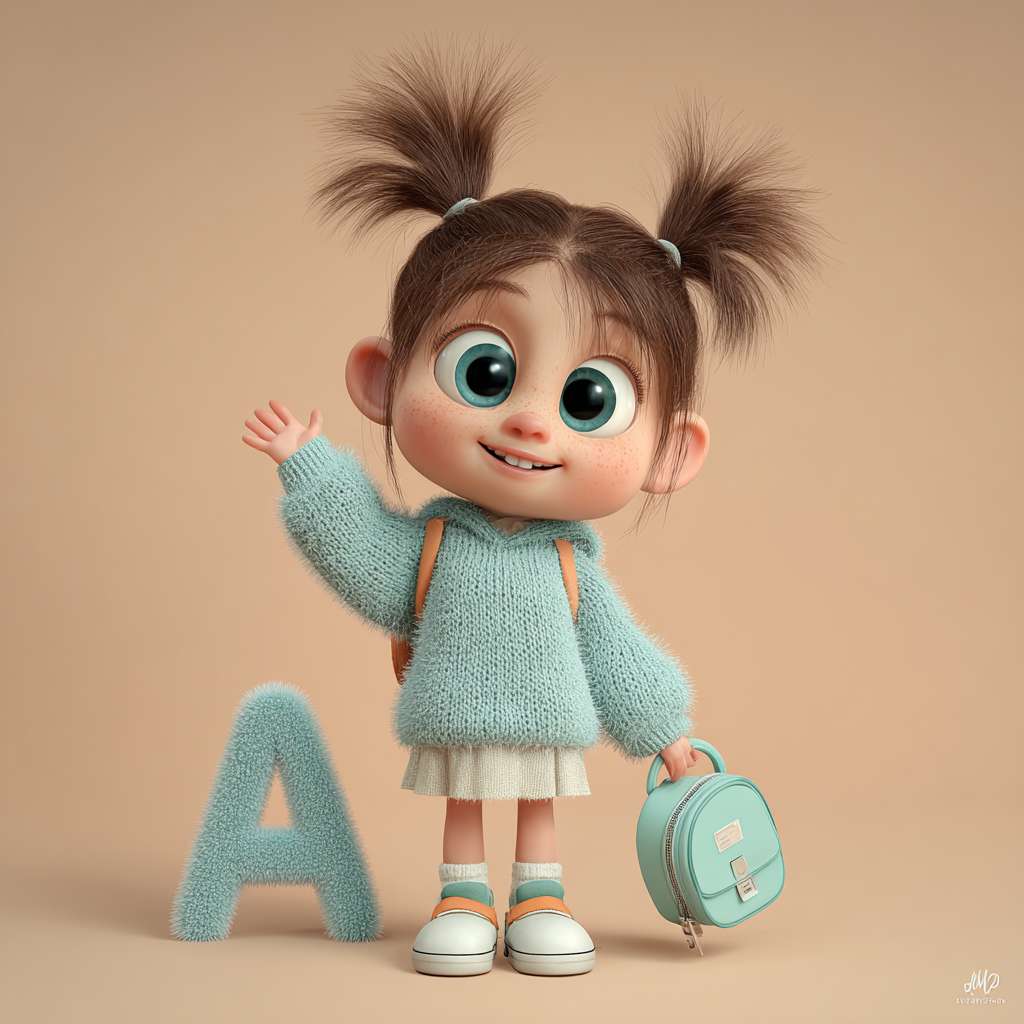 超精细3D渲染,Cinema 4D, Octane Render, 极致可爱灵动的小女孩IP形象,3-5岁, 圆润大头娃娃比例(2.8头身), 闪亮灵动大眼睛,眼睛居中椭圆, 蓬松柔软的棕色低双马尾, 苹果肌红晕, 温暖纯真微笑, 穿着淡蓝色连帽卫衣裙,蓬松裙摆,白色袖口领口滚边, 彩色小短靴, 背着迷你云朵造型双肩包, 发卡是闪亮的字母"A"形状, 小女孩走在回家的路上打招呼,整体马卡龙柔和色调, PBR材质: 细腻皮肤次表面散射,柔软棉布质感,光泽头发丝, 梦幻通透光影, 柔焦背景渐变, 极简抽象场景, 头上方留白再多一些,英语启蒙教育主题, 超高清细节, 8K分辨率 --ar 1:1 --v 7 --stylize 100 --fast --no 水印