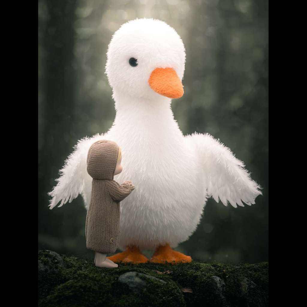 https://img-xpc-mj0.xpccdn.com/prod/upload/6142d541-9b9c-4c57-8e6b-ad78daa441dd/ME1753784848498.png~tplv-5yakomv5zn-auto-v1%3A1024%3A0%3Aq75.jpg 这幅图中有个少年和一个白色的鹅。少年和鹅差不多高，少年穿着全身的斗篷，侧面对着我，斗篷的帽子很大，看不到脸。鹅胖胖的，样子像上传图一样两小只面对面站着，鹅伸出自己的翅膀，少年也伸出自己的小手，翅膀和小手相碰。图的背景是一片森林，底部是布满青苔的石头，少部分会漏出石头本来的样式。从上空打下一束柔柔的光，光子漂浮着巨大的孢子 --ar 1:1 --v 7 --stylize 100 --fast --iw 1 --no 水印