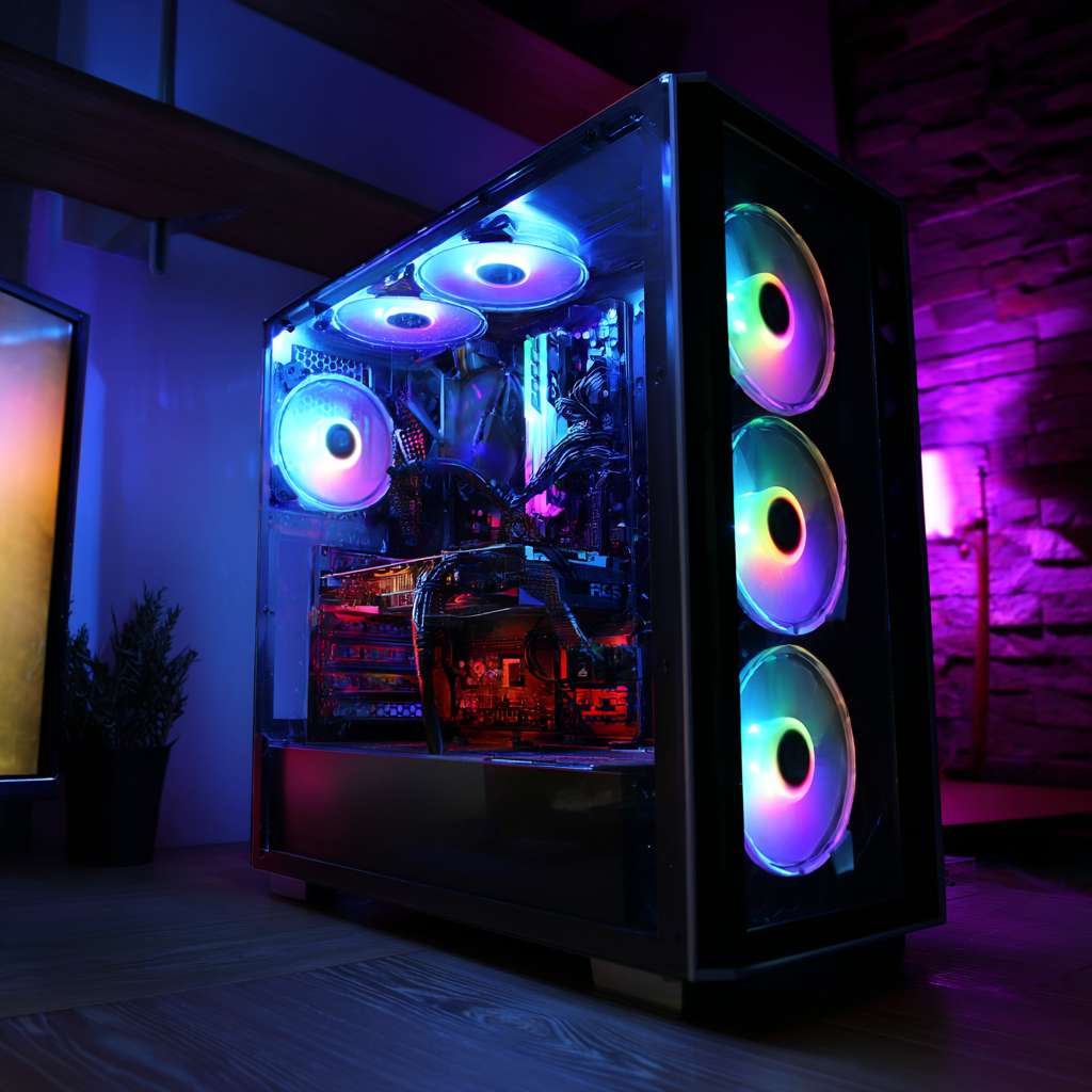 错了，机箱要海景房的样子，要放到电脑旁边。然后整体风格要像打游戏的，还要有灯光，时间是晚上。置物架要保留。 --ar 1:1 --v 7 --stylize 100 --fast --no 水印