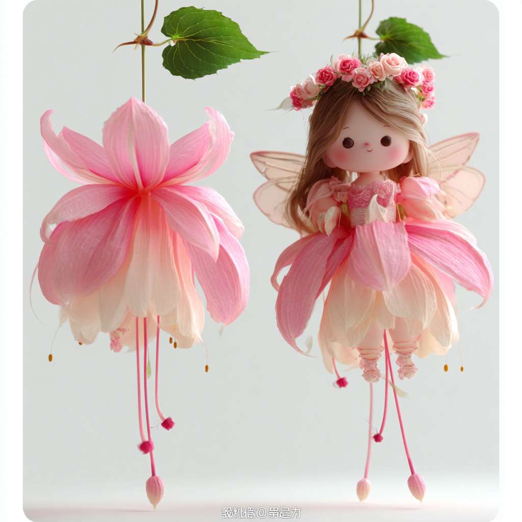 https://img-xpc-mj0.xpccdn.com/prod/upload/b09af563-d2eb-4fad-bfcc-51310aa98986/1755076375737.jpg~tplv-5yakomv5zn-auto-v1%3A1024%3A0%3Aq75.jpg 根据这个图片生成一个超级可爱的女孩IP，模型，盲盒玩具，一个可爱的倒挂金钟花精灵正在飞起来，他穿着粉色的裙子，裙子的花瓣宽一些，绿色的头发还带着花环，还有翅膀，非常可爱，衣服的下摆是粉和白色的，32K UHD，生动的面部表情，三视图，生成三视图，即前视图、侧视图和后视图，保持一致性和统一性，白色背景，3d渲染，oc渲染，最佳质量。 --ar 1:1 --v 7 --stylize 100 --fast --iw 1 --no 水印