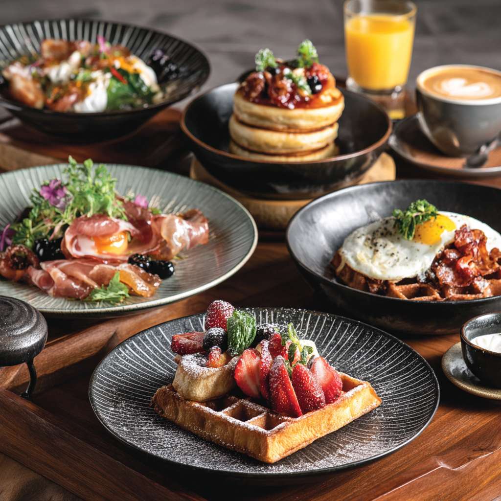 帮设计五张真实酒店餐厅早餐宣传实拍照片 --ar 1:1 --v 7 --stylize 100 --fast --no 水印