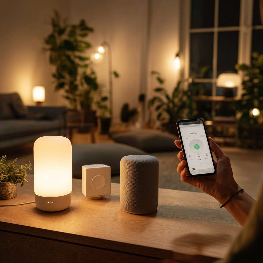 智能家居控制中心

Prompt（英文）: A modern living room smart home ecosystem, a smartphone screen controlling a Bluetooth smart bulb, Bluetooth speaker, and smart thermostat, cozy afternoon light, stylish interior design --ar 1:1 --v 7 --stylize 100 --fast --no 水印