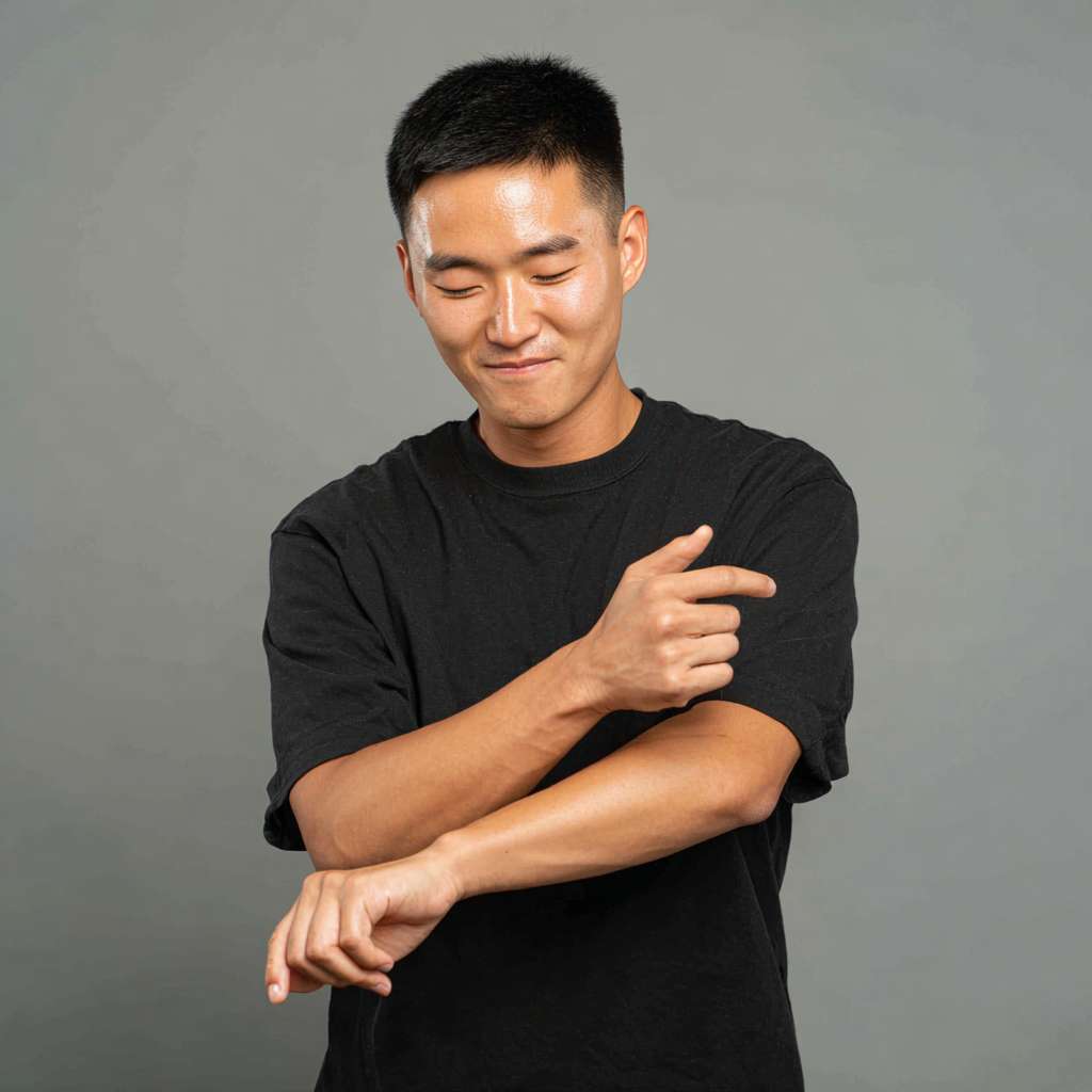 A picture of an Asian person peacefully slapping their cubital fossa --ar 1:1 --v 7 --stylize 100 --fast