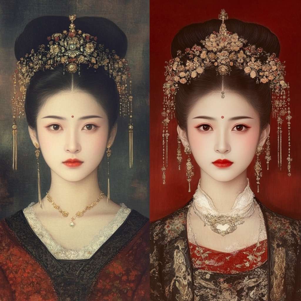 甄嬛前后对比（左：初入宫时素衣淡妆 / 右：封后时华服红唇，眼神凌厉） --ar 1:1 --v 6.1 --stylize 100 --fast