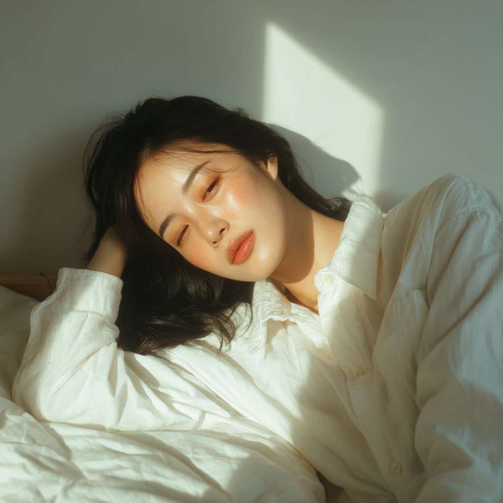女士躺在白色柔软的床垫上 --ar 1:1 --v 7 --stylize 100 --fast --no 水印