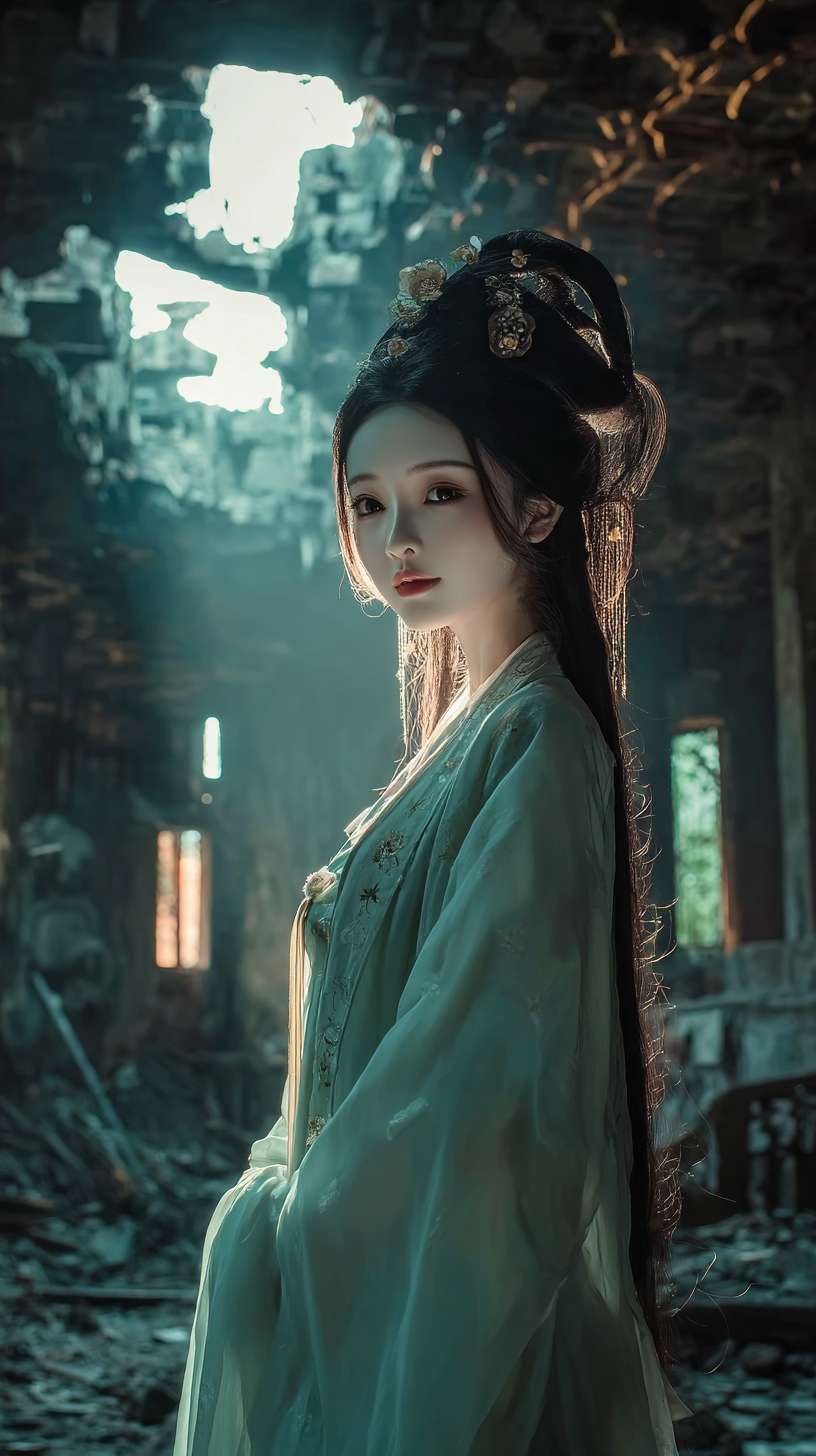 https://img-xpc-mj0.xpccdn.com/prod/upload/5de26248-1c5f-4448-beb2-7f326a142ff5/1.webp~tplv-5yakomv5zn-auto-v1%3A1024%3A0%3Aq75.jpg 中景，破败古寺内部，蛛网密布，残破的佛像表情诡异，月光从破窗照入，一个身穿飘逸青衣的古风绝美女子，面容苍白柔美，眼神哀怨，从阴影中走出，电影灯光，微恐怖氛围，工笔画细节，正面镜头。 --ar 9:16 --v 7 --stylize 100 --fast --iw 1 --no 水印