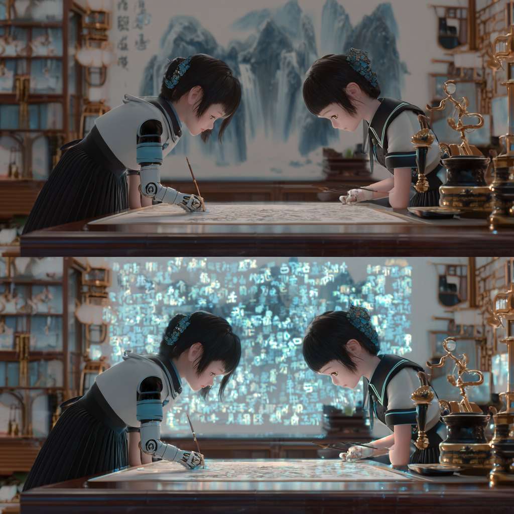 【超宽舞台全景视角(16:9)，3D动画可爱的渲染风格。中央桌面上穿蓝黑制服裙的小姑娘俯身教机器人写毛笔字的温馨互动，两侧扩展出更多未来感舞台细节，左侧可见悬浮的书法投影屏幕，有文房四宝架，背景增加全息山水画装饰。保持10:2的舞台人物比例，柔光聚焦主体，墨汁在宣纸上晕开的特 --ar 1:1 --v 7 --stylize 100 --fast --no 水印