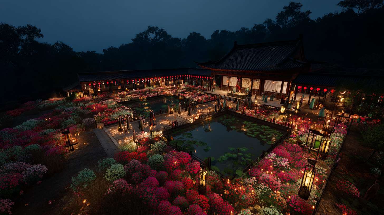 Unreal Engine 5 rendering, in this awe-inspiring scene of the ancient Luoyang Flower Festival, the composition centers on a vast sea of blooming peonies, surrounded by ancient-style pavilions, buildings, and winding corridors adorned with countless red lanterns, while the night sky is continuously lit up by colorful fireworks, the foreground features a celebrating crowd dressed in elegant Hanfu singing and dancing, the middle ground includes traditional Chinese architecture such as eaves-cornered pavilions, and the background blends deep blue starry skies with brilliant fireworks, in terms of color, vibrant reds, golds, and greens dominate, symbolizing luck and wealth, with the pink and white of the flowers sharply contrasting with the warm yellow of the lanterns, and the multicolored lights of the fireworks adding dynamic color variations, the lighting effects are exquisitely detailed, the soft glow from the lanterns casts warm shadows on people's faces and the ground, while the explosive flashes of fireworks create dazzling halos, contrasting with the cool moonlight to enhance the image's depth and dynamism, the entire scene is bustling and lively, with lanterns swaying gloriously, fireworks sparkling brilliantly, and the crowd cheering incessantly, as if transporting the viewer into a dreamlike ancient prosperous era filled with the charm of Chinese elements. --ar 16:9 --v 7 --c 20 --quality 4 --stylize 100 --fast