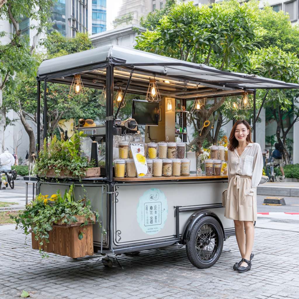 一个真实奶茶摆摊三轮车，三轮车后面有是专门定制不锈钢的架子和灯光广告，并且三轮车上又制造奶茶的工作，奶茶摆摊车旁边站着个漂亮发女生 --ar 1:1 --v 7 --stylize 100 --fast --no 水印