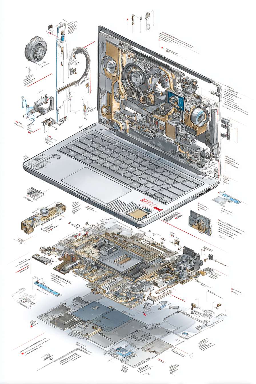 Ultra-detailed technical cutaway blueprint illustration of a high-performance laptop, dynamic wide-angle low-shot perspective. Main subject: a disassembled flagship ultrabook (ThinkPad X1 Carbon or MacBook Pro style), rendered in a realistic hand-drawn watercolor and technical ink style, isolated on a clean white background. The composition is an architectural exploded-view, with every component meticulously separated and floating in place, connected by precise thin leader lines. --ar 2:3 --v 7 --stylize 100 --fast