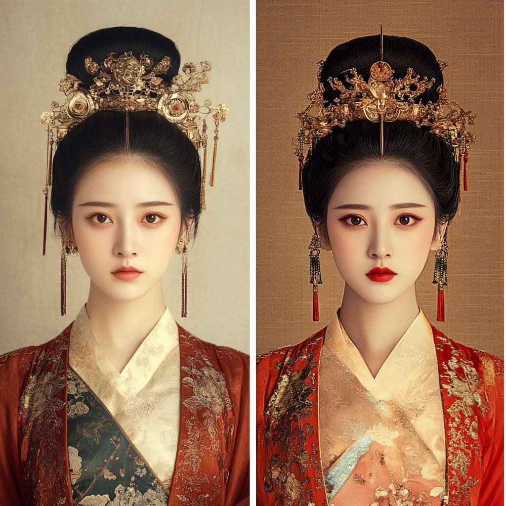 甄嬛前后对比（左：初入宫时素衣淡妆 / 右：封后时华服红唇，眼神凌厉） --ar 1:1 --v 6.1 --stylize 100 --fast