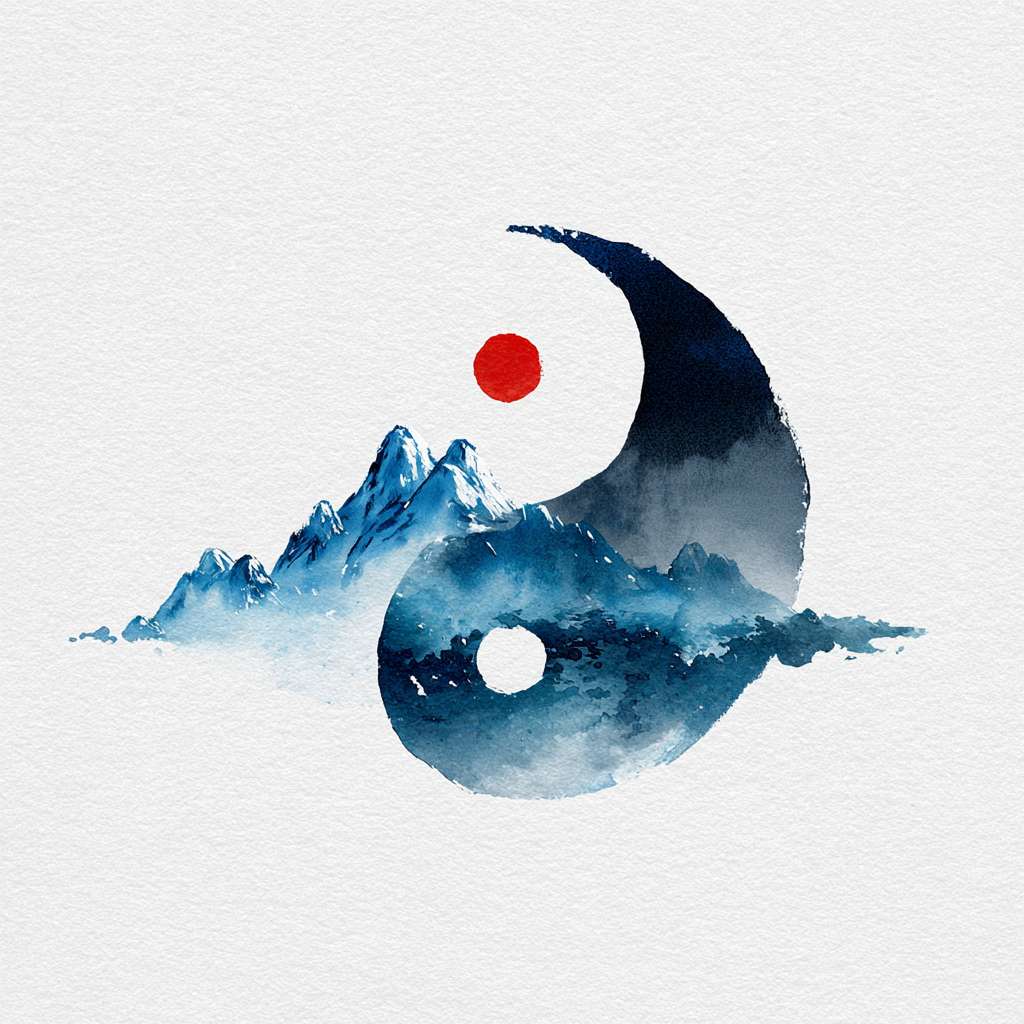 The circular logo adopts the traditional Chinese ink Tai Chi symbol (not a circle), with alternating shades of blue, black, and white. It is surrounded by a hazy silhouette of a blue mountain range, with a red dot in the center (only the red origin, symbolizing the sun). The mountain range extends slightly from the imaginary part of Tai Chi, adding artistic conception. The background is pure white, with a Zen style, simple design, no text, no watermark, high resolution, vector image, and white space at the edges of the image. Pay attention to the artistic conception of the image, and have a combination of movement and stillness --ar 1:1 --v 7 --stylize 100 --fast