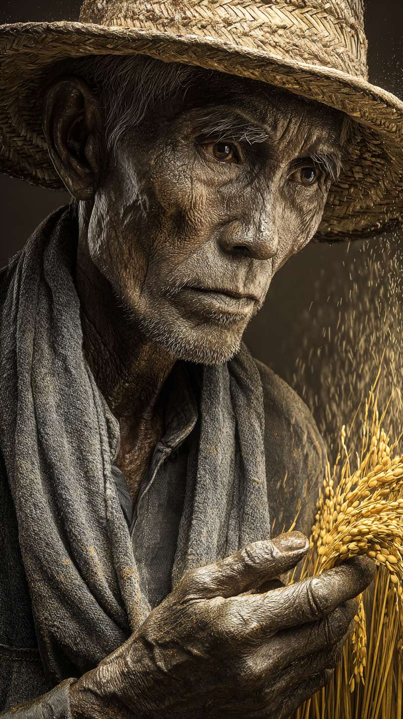 8K hyperrealistic portrait photography of an elderly Eastern farmer inspired by Yuan Longping's iconic image. Weathered bronze skin bears deep terraced - field creases, his gaze fixed on distant rice paddies. Wearing a faded indigo cotton shirt with麻衣 texture, a sweat - soaked towel draped around his neck, his right hand plunges into golden rice stalks, grains cascading through his fingers. The background features undulating golden fields, dewdrops glistening under morning light. Shot in sidelight, dramatic chiaroscuro highlights wrinkles and perspiration. The brim of his straw hat casts natural shadows, emphasizing his focused expression. Dynamic blur captures falling grains, close - ups of calloused hands adding authenticity. The warm sepia tone palette evokes the historical gravitas of agrarian culture. --ar 9:16 --v 7 --stylize 100 --fast --no 水印
