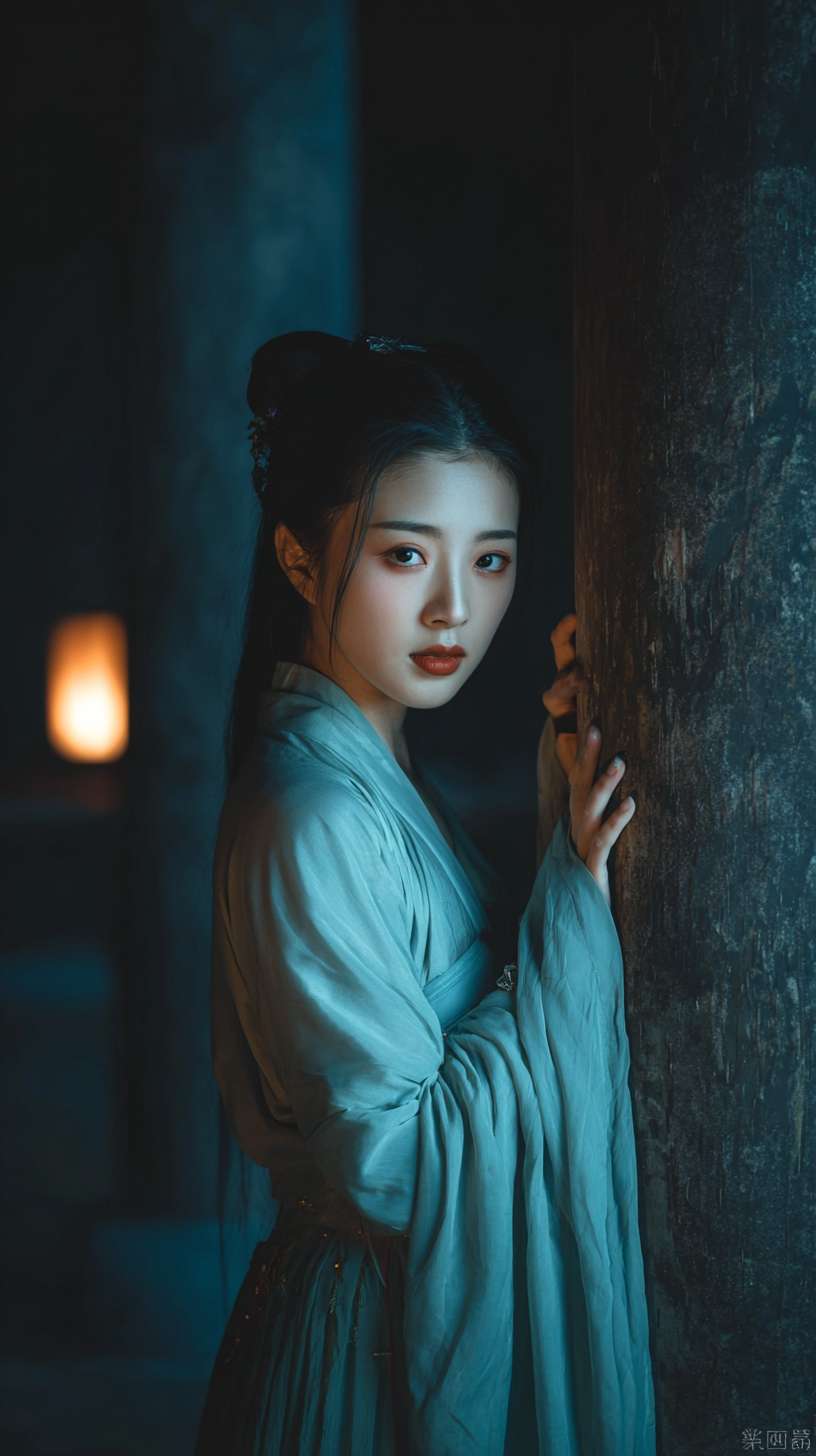 https://img-xpc-mj0.xpccdn.com/prod/txt2img/41cd0ee9-a6d1-489f-b685-84eb70e013de/07e9395f-bd24-4b7d-bd0a-a496acee976f_0_0.png~tplv-5yakomv5zn-auto-v1%3A1024%3A0%3Aq75.jpg 参考图中女子容貌和背景，深夜寺庙，一个身着古风青衣的女子，从昏暗寺庙的柱子后探头而出，手轻扶着柱子，容貌清丽脱俗，眼神带着一丝哀愁。正面全景镜头，写实风格 --ar 9:16 --v 7 --stylize 100 --fast --iw 1 --no 水印