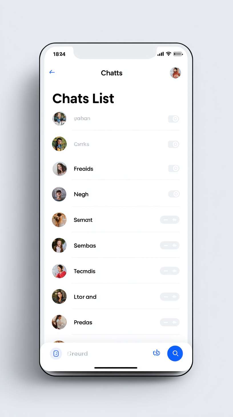 2. Chat List Homepage
The main chat list screen with a minimalist design. It features a white top navigation bar (56dp high) with a left-aligned app icon, a centered bold black "Chats" title (18sp), and a right-aligned "+" button (24dp) for starting new conversations. The main content area has a light gray background (#F5F5F5) and presents a vertically scrollable list of chat items. Each chat item (72dp high, white background) includes a left-aligned circular avatar (48dp), a primary line for the contact's nickname (16sp, black), and a secondary line for the latest message (14sp, gray, with a single-line ellipsis). Unread message indicators (red badges) are present where applicable. A search bar is fixed at the top of the list. The bottom tab bar is white, with three tabs: "Chats" (active, blue icon), "Friends" (inactive, gray icon), and "Profile" (inactive, gray icon). The primary color is #2196F3. --ar 9:16 --v 7 --stylize 100 --fast