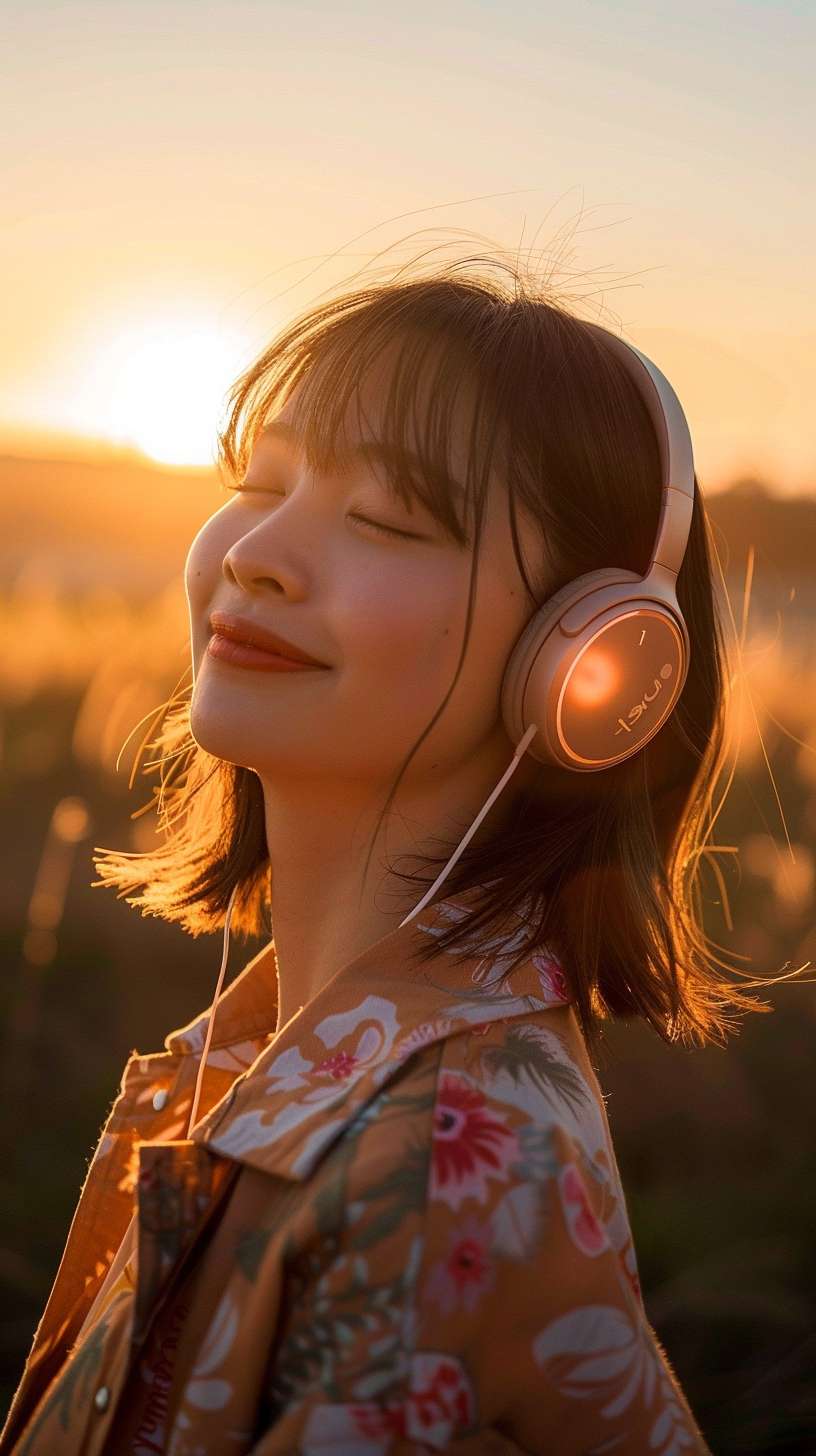 一则充满活力的广告，描绘了一位健康亚洲女性，在日出柔和的光线映衬下，凸显出她的活力和纯净。力求动静之间的平衡，笑容显示了生活的舒心，健康长久好生活。挑染发、不对称刘海、耳机、微笑、35mm、佳能、超广角、广角、视角、明暗对比、电影灯光、写实主义、超现实主义、浪漫主义、闪光、洛可可风格、UHD、高细节、超级细节、最佳质量、16k --ar 9:16 --v 6.0 --stylize 100 --fast