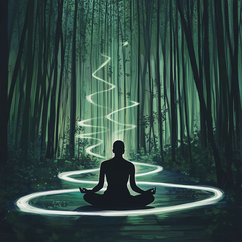 A person is sitting cross - legged in a bamboo forest, meditating, with white glowing lines flowing from the throat to the dantian area --ar 1:1 --v 6.1 --stylize 100 --fast